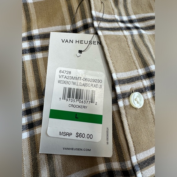 Van Huesen Men’s Tan Weekend Twill Classic Plaid Button Down NWT Size La… - Picture 6 of 10